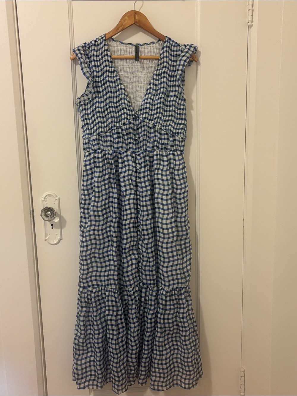 Anthro Blue Gingham Maxi Dress with Smocked Waist- size small
